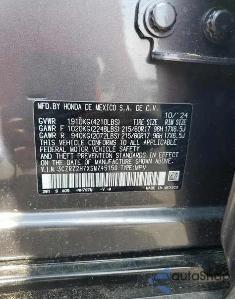 2025 Honda Hr-V Exl из США, поврежденный, VIN 3CZRZ2H7XSM745150